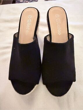 Weeboo Black Suede Slip-On Espadrille Wedge Sandals